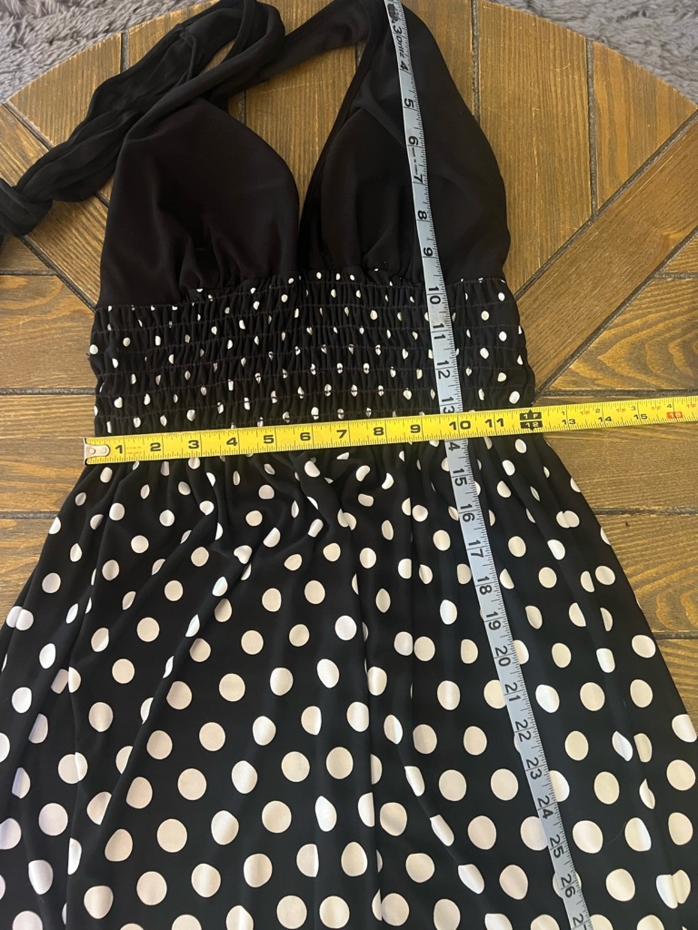 Black White Polka Dot Halter Dress Smocked Waist Fit Flare Pinup Small - Picture 8 of 9